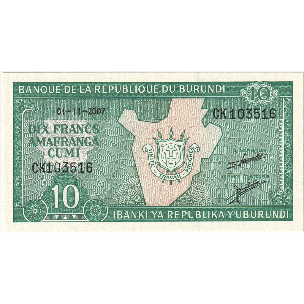 Burundi,
 
 10 francos,
 
 2007