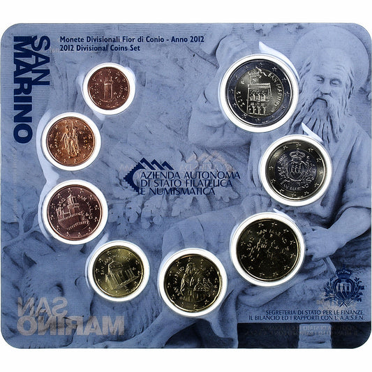 San Marino, 
  
  Setze 1 ud. - 2 euros, 
  
  Münzkaarte.FDC
