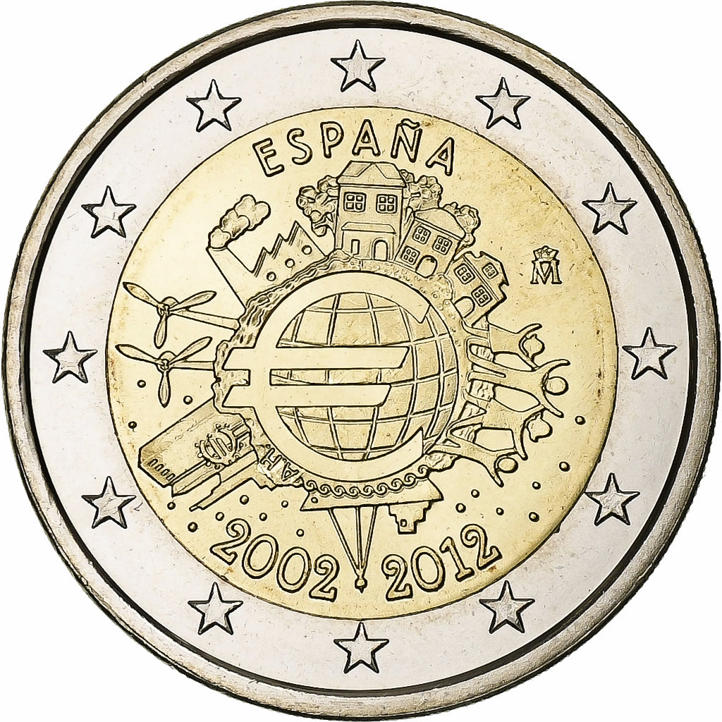Español, 
  
  2 euros, 
  
  10 años Euro-Bargeld