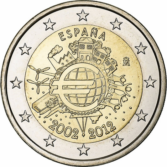 Español, 
  
  2 euros, 
  
  10 años Euro-Bargeld