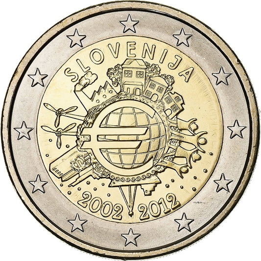 Eslovenia, 
  
  2 euros, 
  
  10 años Euro-Bargeld