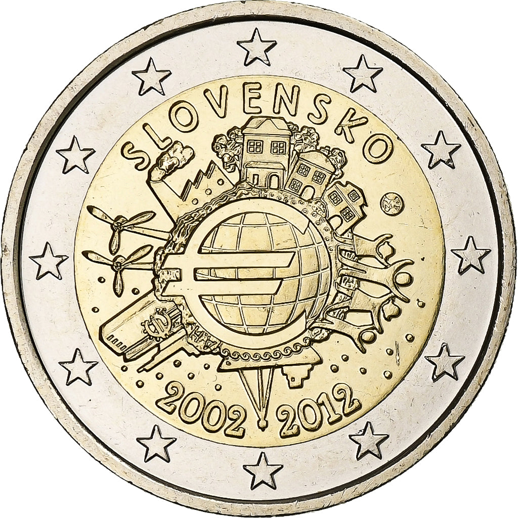 Eslovaco, 
  
  2 euros, 
  
  10 años Euro-Bargeld